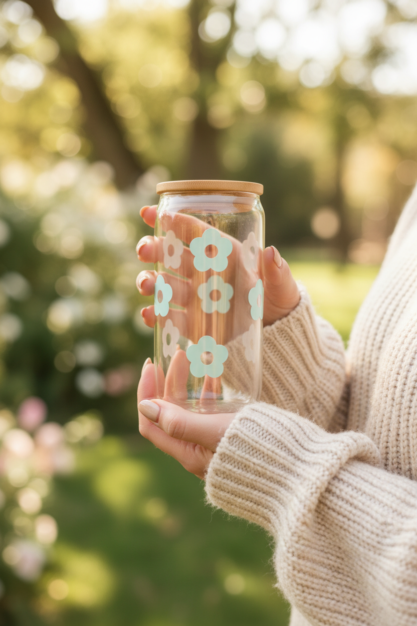 Daisy Floral Glass Can Cup with Bamboo Lid & Glass Straw