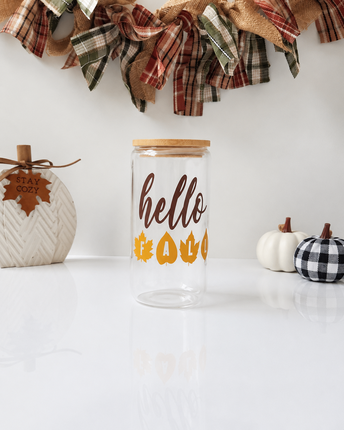 Hello Fall Glass Cup | 16oz Fall Iced Coffee Cup