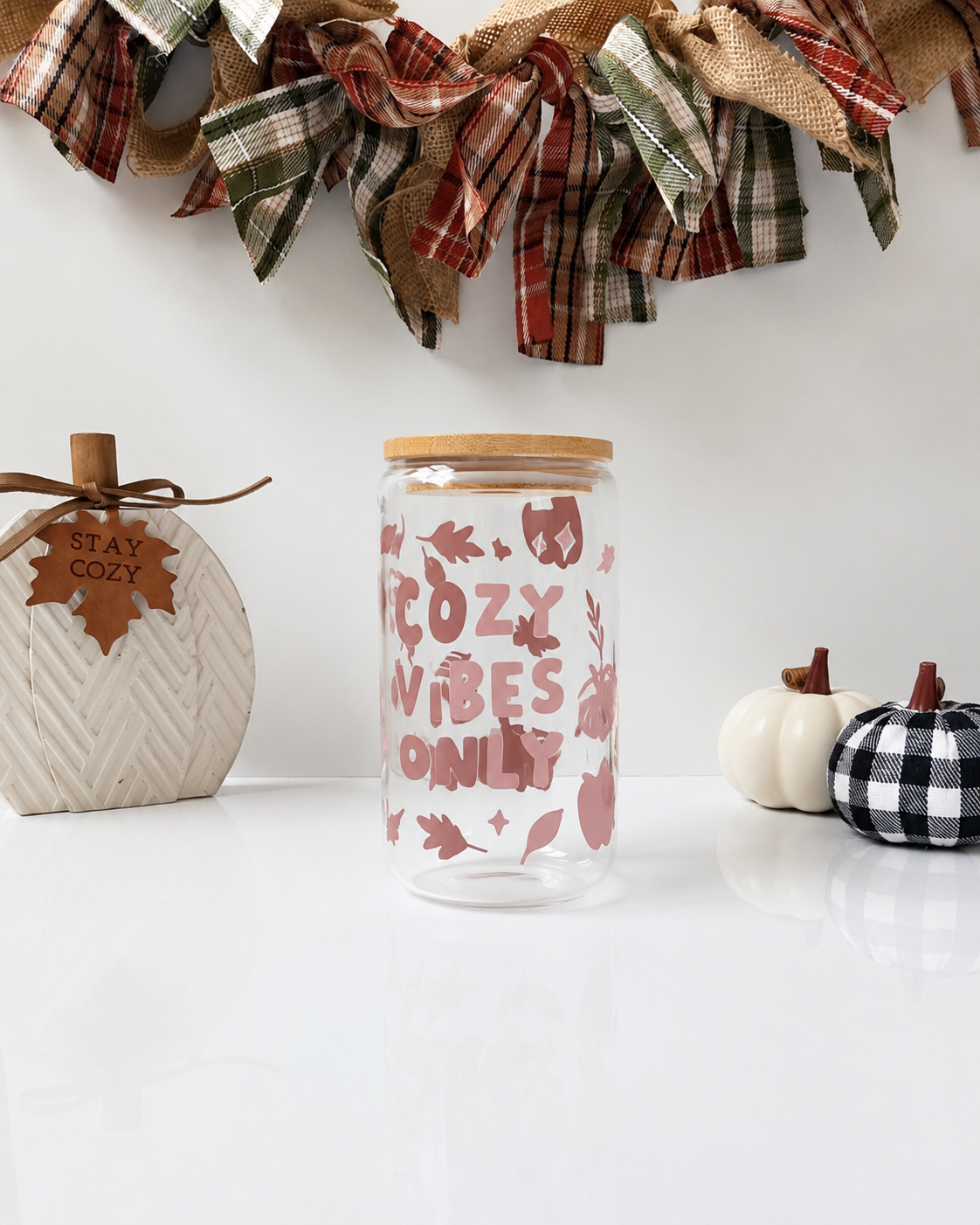 Cozy Vibes Only Glass Cup | 16oz Fall Iced Coffee Cup