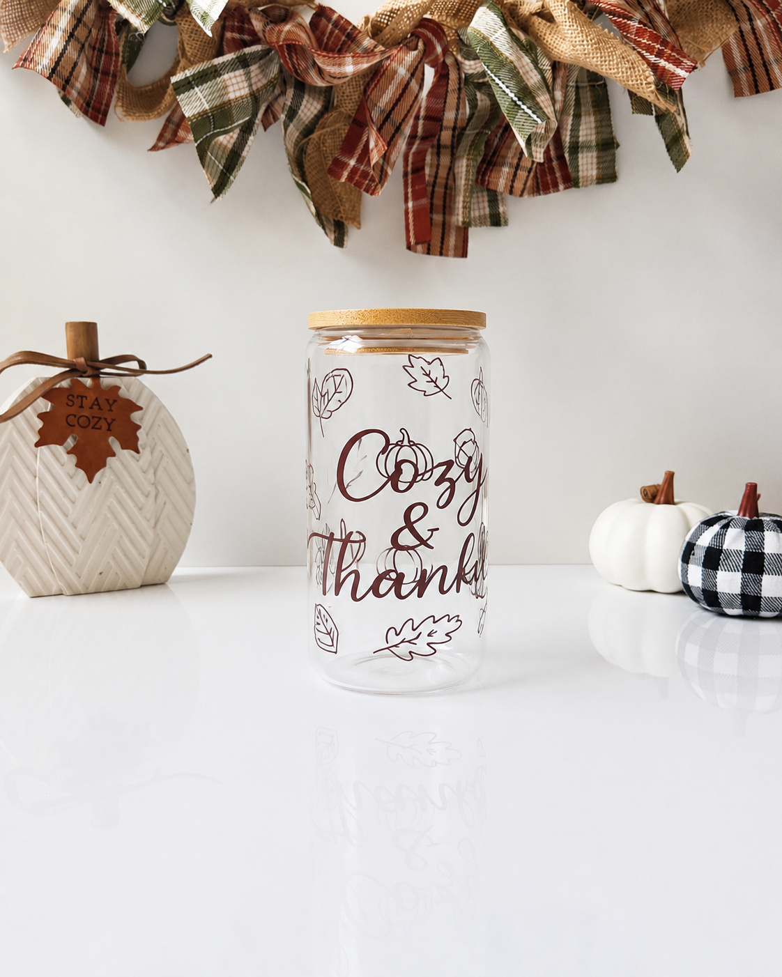 Cozy & Thankful Glass Cup | 16oz Fall Iced Coffee Cup