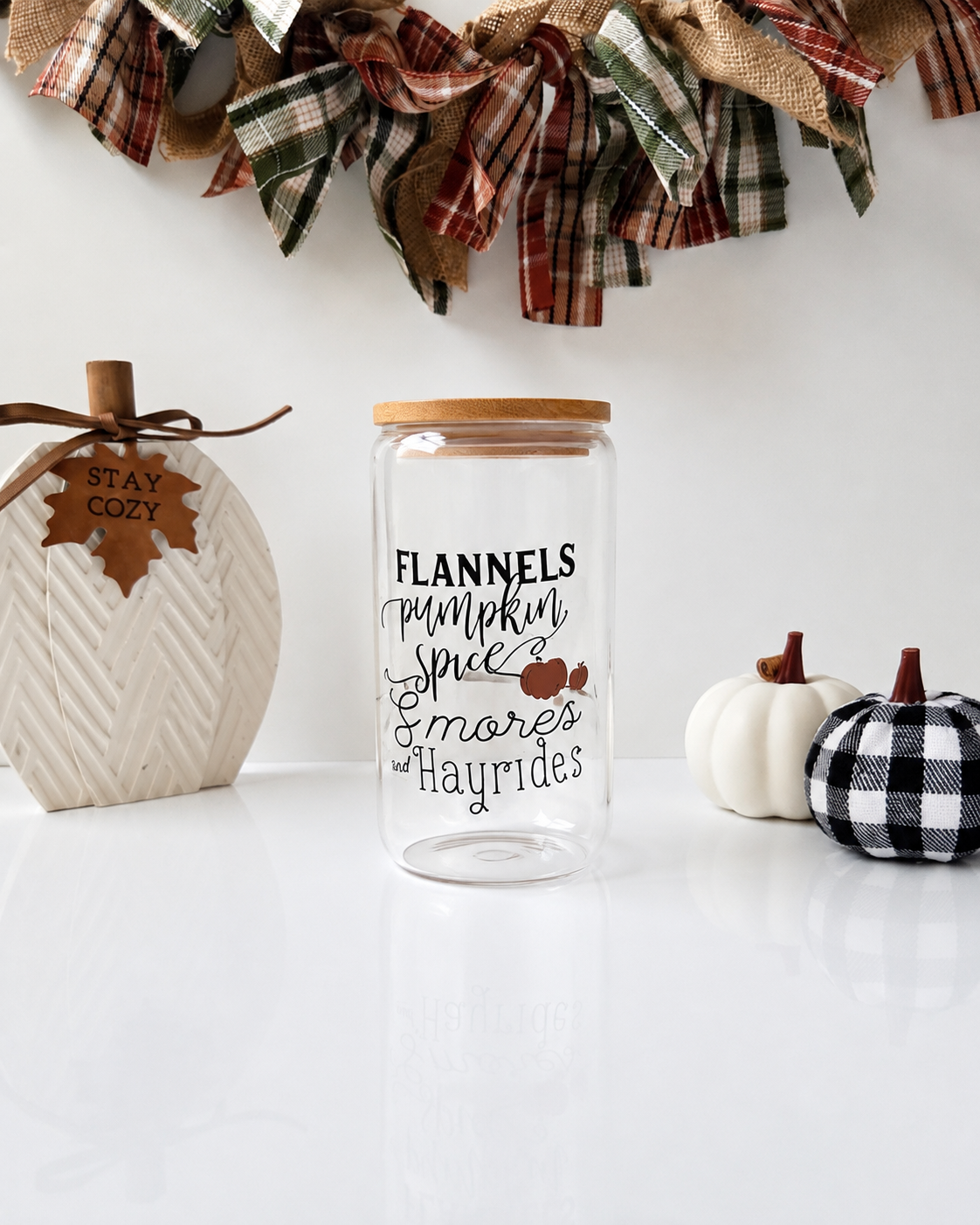 Flannels, Pumpkin Spice, S’mores & Hayrides Glass Cup | 16oz Fall Iced Coffee Cup