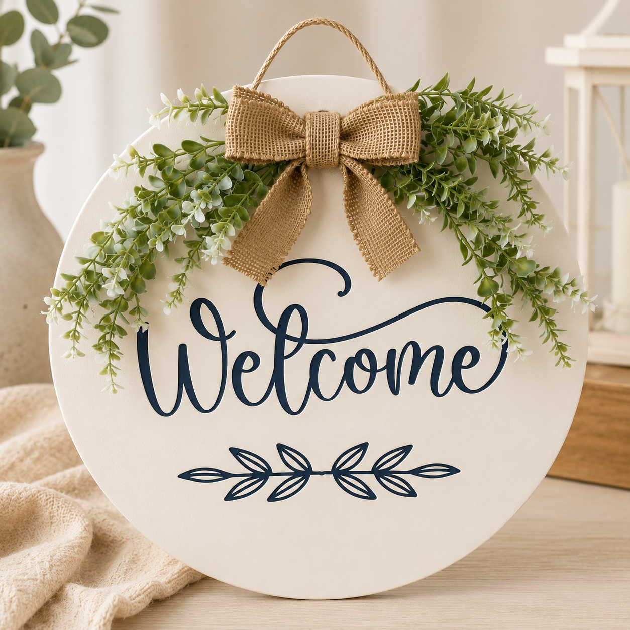 Handmade Welcome Door Sign with Greenery & Burlap Bow | Farmhouse Front Door Decor