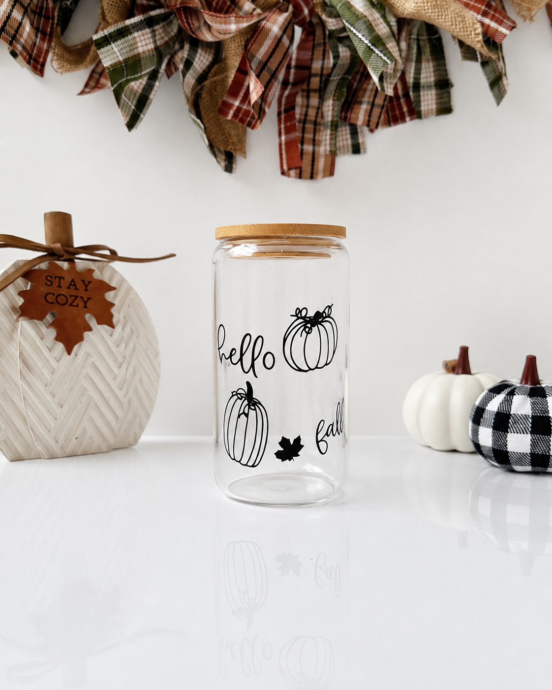 Hello Fall Pumpkin Glass Cup | 16oz Fall Iced Coffee Cup