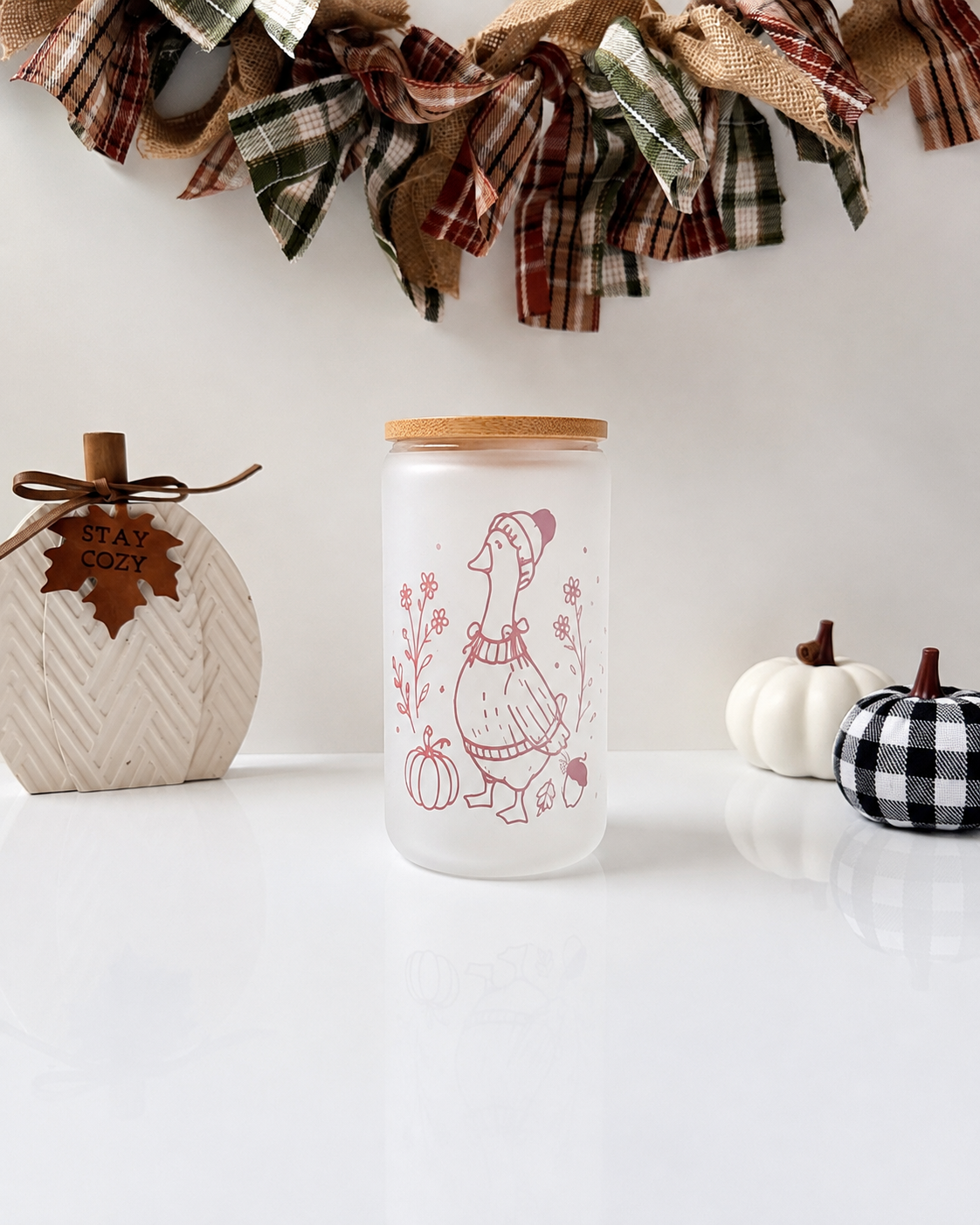 Cozy Goose Glass Cup | 16oz Fall Iced Coffee Cup