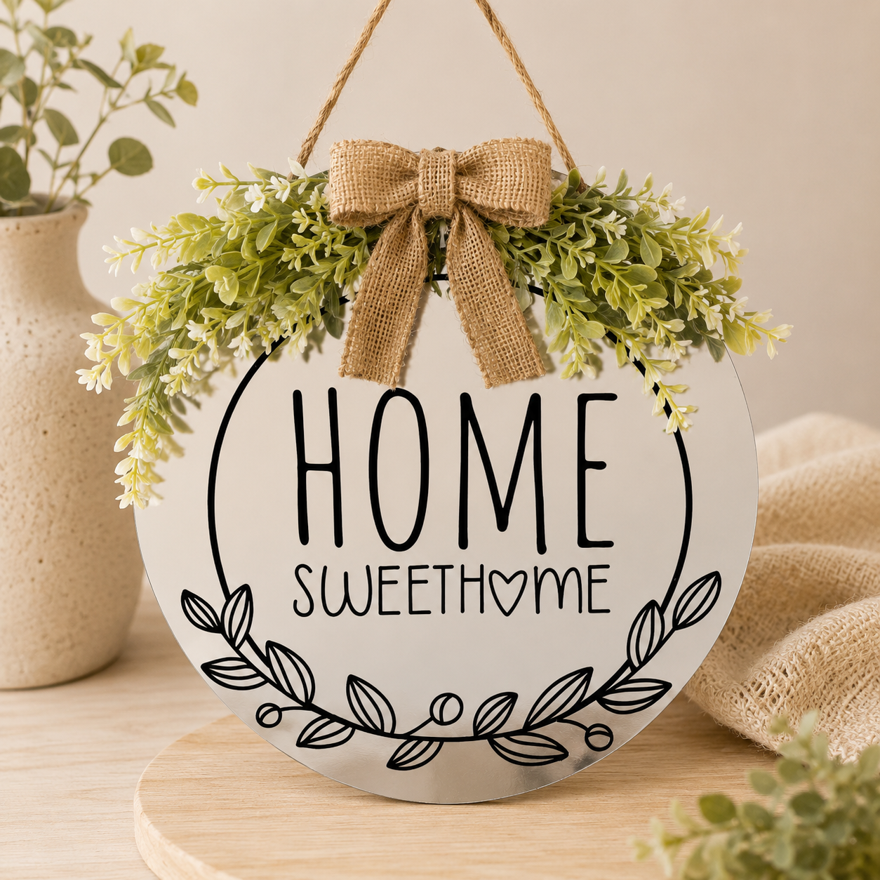 Home Sweet Home Door Sign with Greenery & Burlap Bow | Farmhouse Front Door Decor
