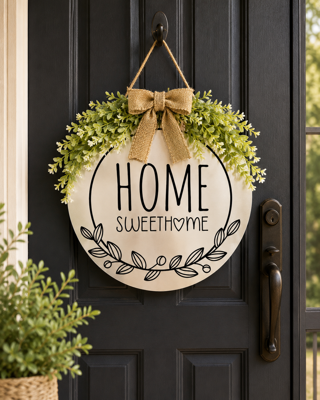 Home Sweet Home Door Sign with Greenery & Burlap Bow | Farmhouse Front Door Decor