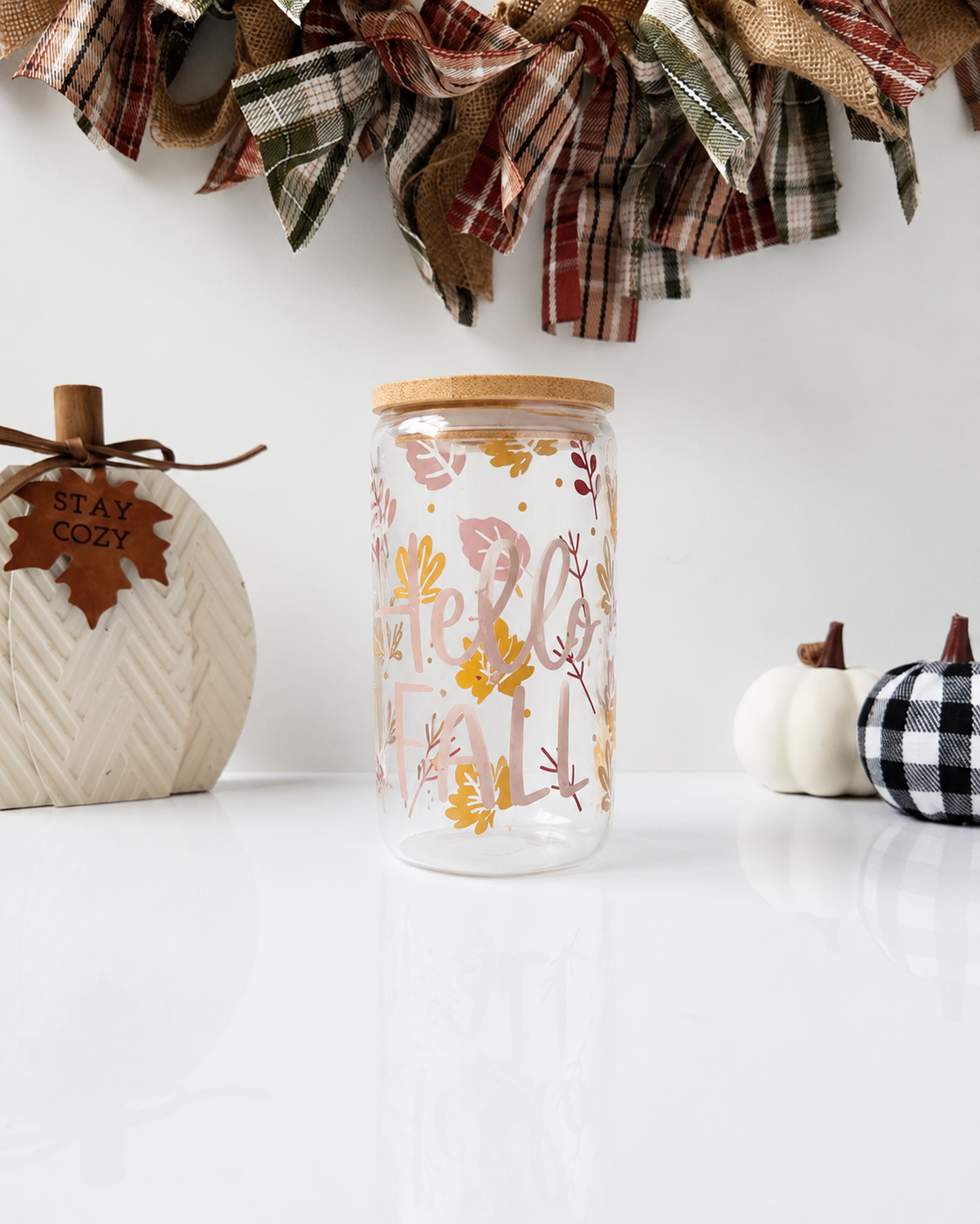 Hello Fall Leaves Glass Cup | 16oz Fall Iced Coffee Cup