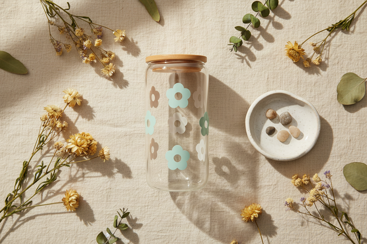 Daisy Floral Glass Can Cup with Bamboo Lid & Glass Straw